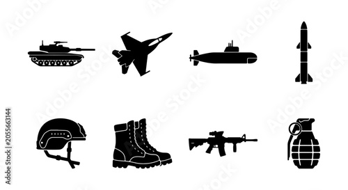 Konstfotografi Military Equipment Icons: Tank, Jet Fighter, Submarine, Missile, Helmet, Boots,