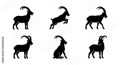 Foto Ibex Silhouette Collection, Mountain Goat Icons, Wild Animal Vector Graphics, Al