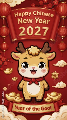 cute goat mascot in a festive lunar new year scene with red and gold decorations lanterns and blossoms