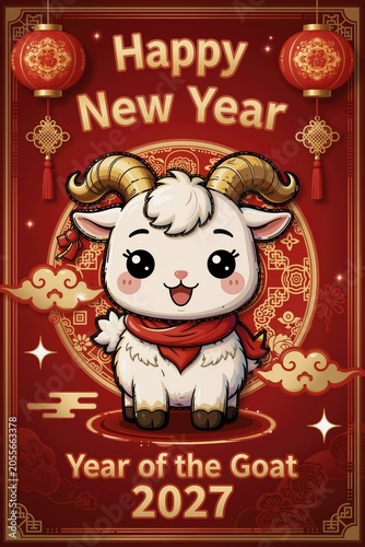 festive goat zodiac lunar new year 2027 greeting card illustration