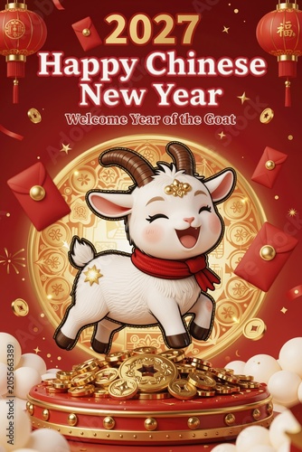 goat celebrating chinese new year 2027 banner with gold coins red envelopes lanterns and festive background