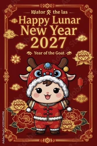 Cute goat mascot on festive red and gold framed greeting card with floral pattern