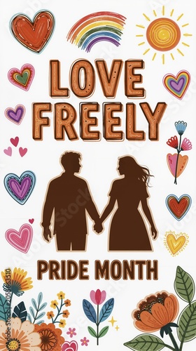 boho pride poster with couple silhouettes rainbow hearts and flowers
