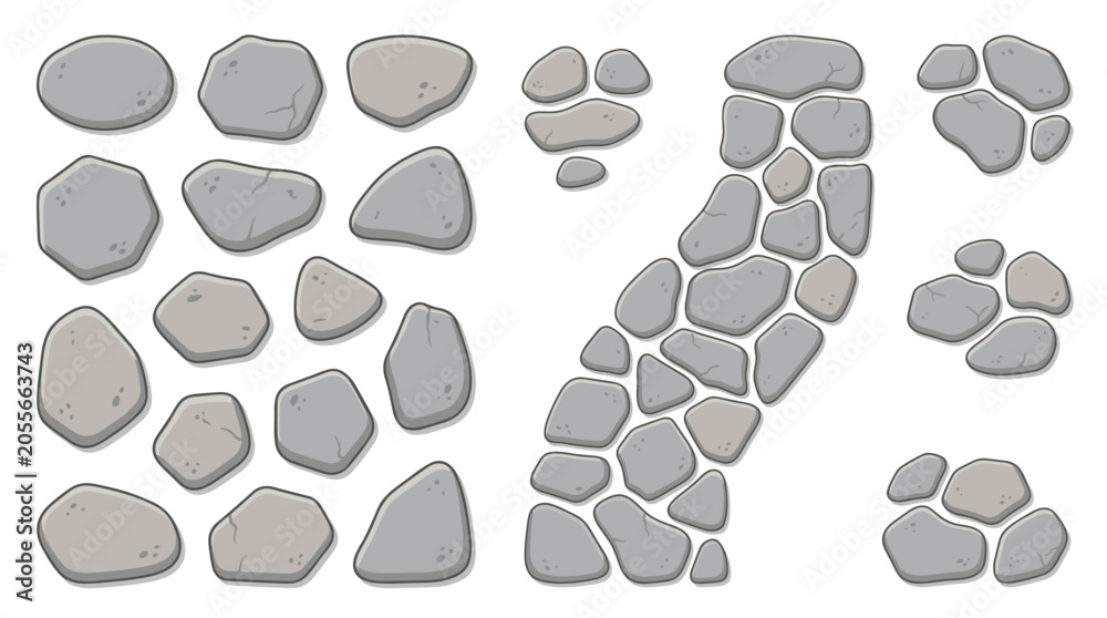 Fototapeta premium Set of scattered gray stones and rock path components for garden landscape design and outdoor floor decoration.