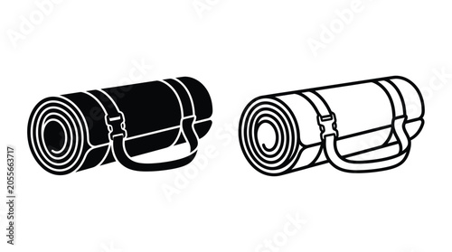 Tableau sur toile Rolled sleeping bag silhouette with straps black and white vector graphic