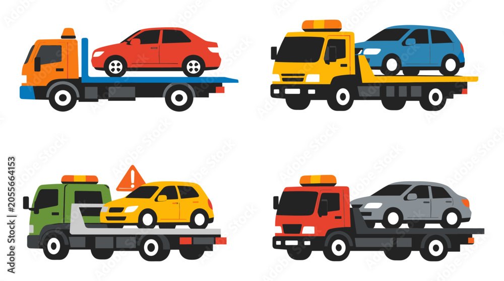 Naklejka premium Tow trucks transporting vehicles. Flat vector illustration of recovery vehicles and cars in need of assistance