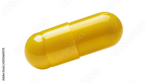 Single yellow capsule pill glossy and smooth, isolated on transparent background