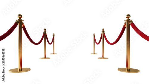 Golden stanchions with red velvet ropes, isolated on transparent background