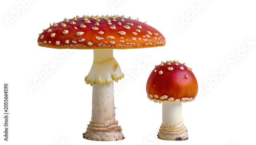 Foto Two red and white spotted Amanita muscaria mushrooms, isolated on transparent ba
