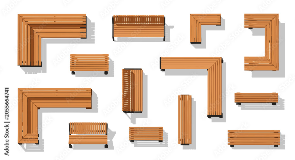 Obraz premium Set of top view wooden benches for landscape design or outdoor park areas isolated on solid white background.