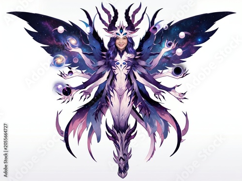 Fantasy Butterfly Goddess Woman in Purple and Black Armor with Giant Translucent Wings