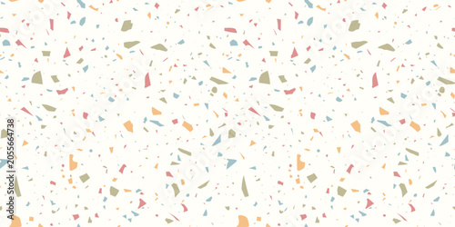 Seamless terrazzo vector pattern. Colorful pastel stone chips scattered on light Background. Minimal modern texture for tile, packaging, wallpaper, surface design