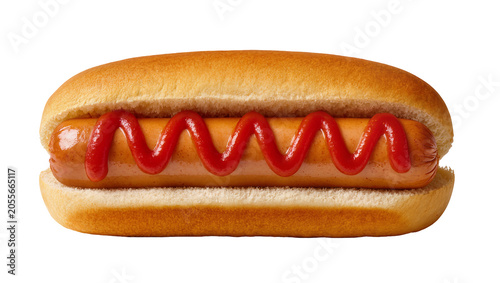 Foto Golden brown hot dog with red ketchup zigzags, isolated on transparent backgroun