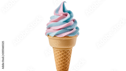 Swirled pink and blue soft serve ice cream in a waffle cone, isolated on transparent background