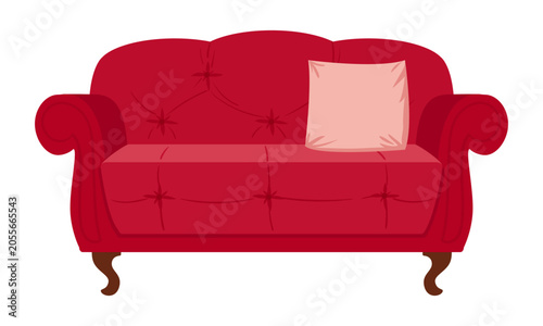 Classic red sofa. Upholstered living room couch isolated flat vector illustration. Home furniture and interior design element