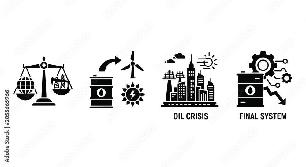 Naklejka premium Four black and white icons illustrating oil crisis and final system concepts Keywords: oil crisis, final system, oil barrel, wind turbine, solar panel, city