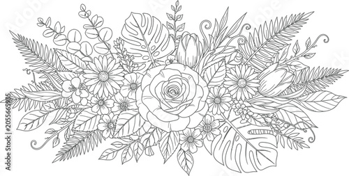 Floral coloring page vector rose leaves and botanical line drawing for adult books