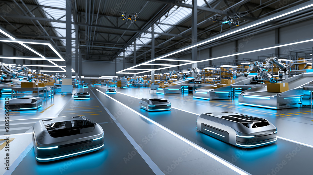 Fototapeta premium Automatisierte Transportfahrzeuge mit blauen Lichtern bewegen sich durch eine moderne, helle Produktionshalle mit Roboterarmen