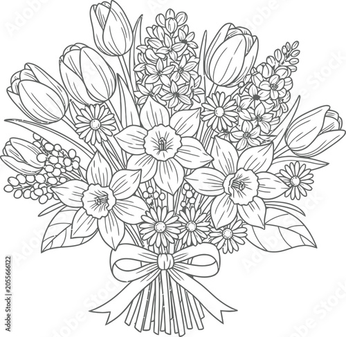Floral bouquet coloring page vector line art for adult books and drawing activities