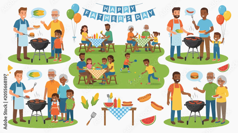 Fototapeta premium A vibrant illustration depicting multiple families enjoying a Father's Day barbecue celebration in a park. The scene is filled with joy, laughter, and delicious food.