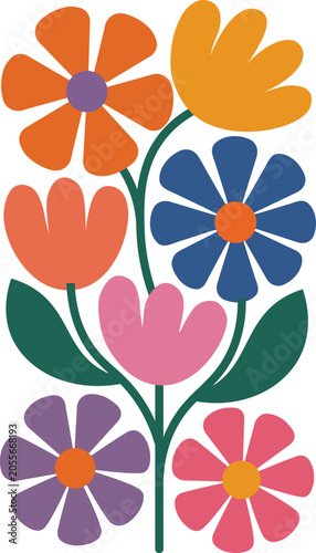 Vibrant flowers bloom in a colorful garden with green leaves and stems