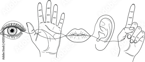 Konstfotografi Continuous line art illustration of human senses with eye, hand, lips, ear, and