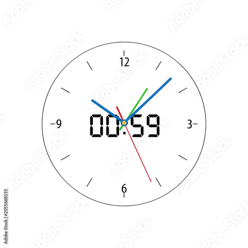 A digital clock face with analog hands isolated on transparent background, PNG