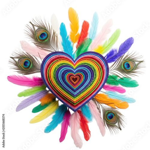 A colorful heart surrounded by feathers and peacock eyes isolated on transparent background, PNG