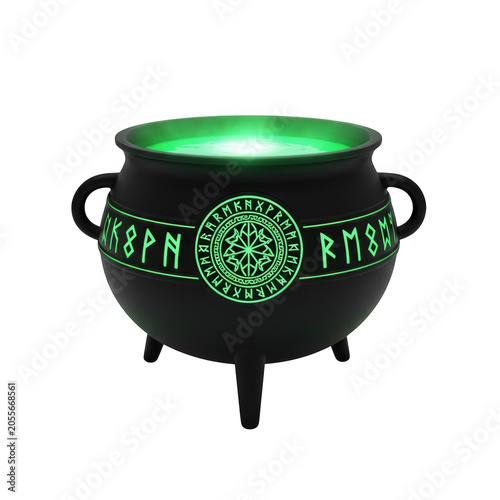 A black cauldron with green glowing interior and design isolated on transparent background, PNG