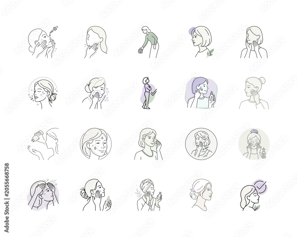 Fototapeta premium Icon woman applying skincare steps illustrated or Line art woman skincare routine graphic.