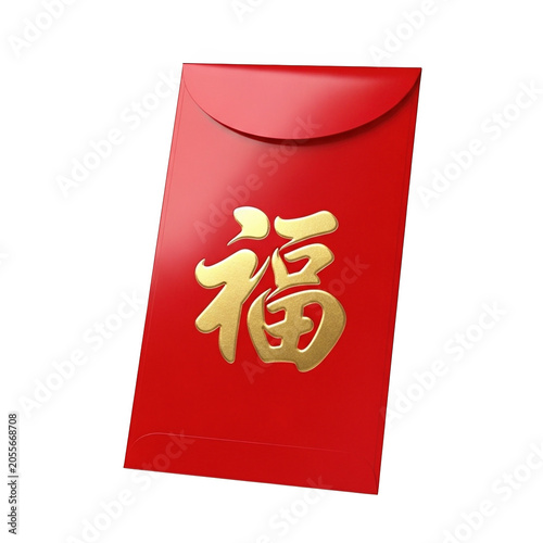 A red envelope with a gold chinese character isolated on transparent background, PNG