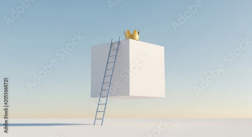 The Summit of Success: A golden crown rests atop a white cube, accessible by a leaning ladder, set against a serene sky, symbolizing aspiration and achievement.