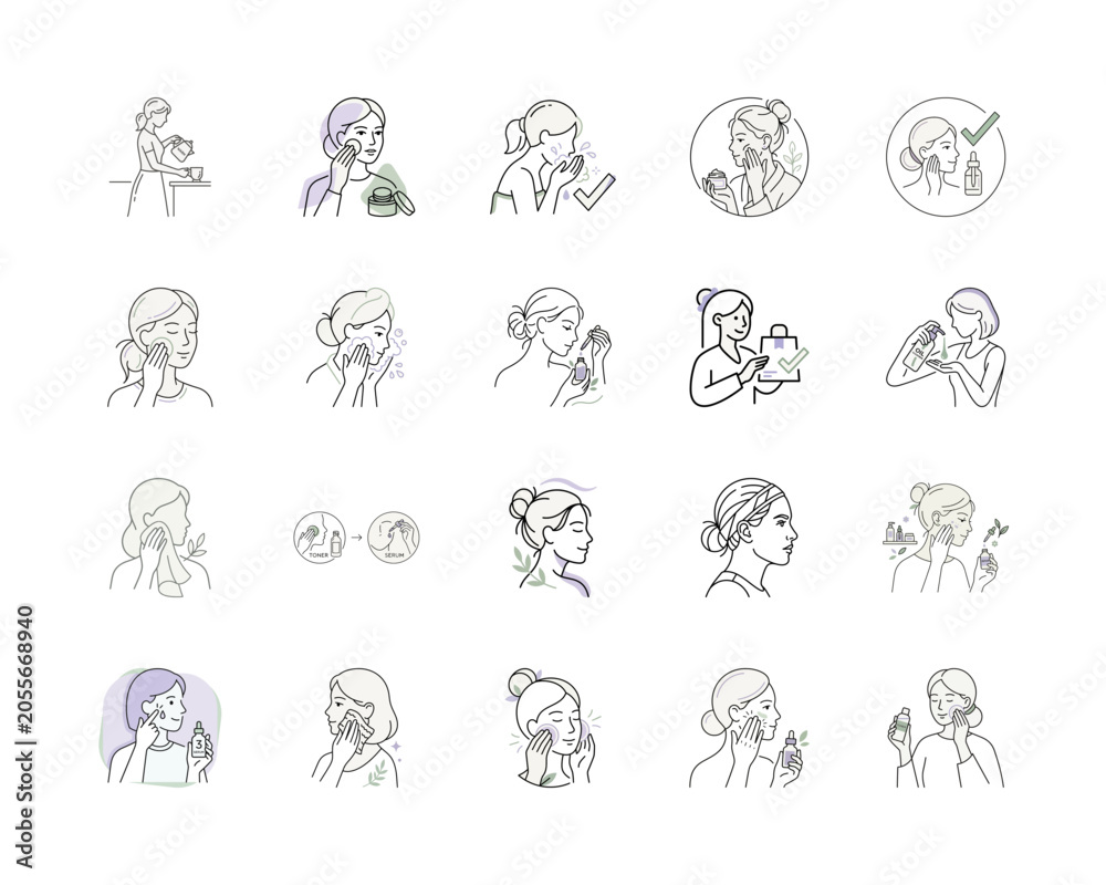 Fototapeta premium Skincare Routine Icons or Line Art Beauty Steps