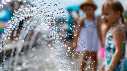 Anonymous kids playing in a splash zone with frozen water droplet photography, summer outdoor water play concept, faceless, defocused, with copy space