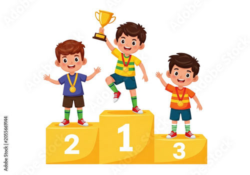 Three cartoon boys standing on a podium with a trophy isolated on transparent background, PNG