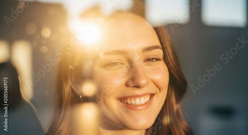 Radiant Joy in Sunlight: A young woman's face beams with a bright, genuine smile, bathed in the warm, golden glow of sunlight, evoking feelings of happiness and optimism.
