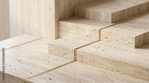 Staircase made of beige travertine stone with embedded gold metal strips