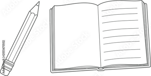 Coloring page vector open book and pencil drawing for line art activities