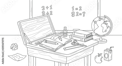 School desk coloring page vector drawing line art for kids book illustration