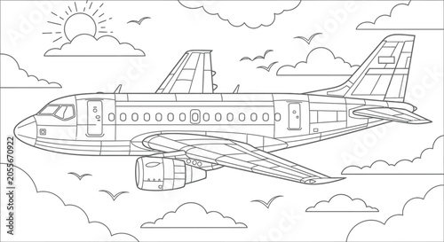 Airplane coloring page vector line drawing book illustration for kids and adults