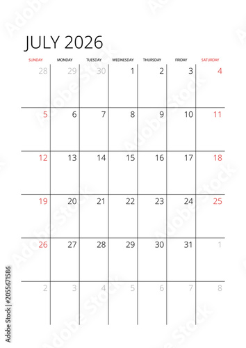 July 2026 English Professional Monthly Calendar Template Minimalist Corporate Planner Grid