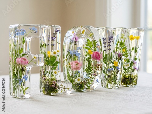 3D letters forming the word FLOW made of transparent clear epoxy resin with real pressed wildflowers inside, spring home decor