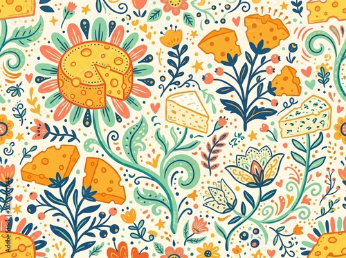 Whimsical gourmet cheese garden seamless pattern, folk art illustration of stylized cheese wheels and slices as magical flowers