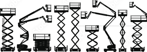 Aerial work platform silhouette collection, construction and industrial concept, lift and machinery design, elevation and maintenance theme, black and white flat vector illustration