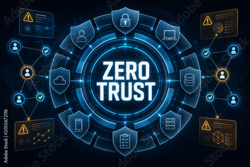 Futuristic zero trust cybersecurity interface with shields, access icons, alerts, and connected network nodes on a dark digital background.