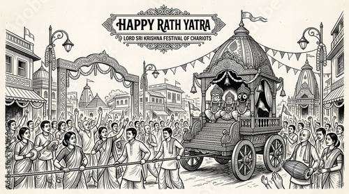 Happy Rath Yatra Festival Procession with Decorated Chariot and Crowds