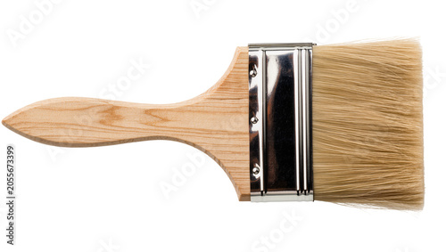 Foto Flat wooden handle paintbrush with metal ferrule and natural bristles, isolated