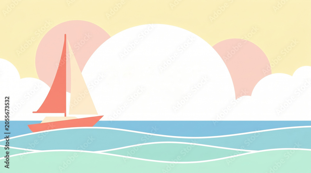 Naklejka premium flat illustration of red sailboat on blue sea waves against pastel yellow sky with large white sun. summer vacation travel concept. nautical landscape. banner, website header with copyspace.