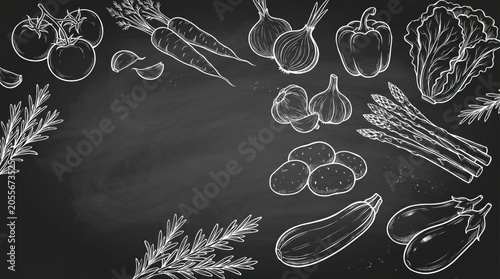 hand drawn chalk vegetables on blackboard background. tomato, carrot, onion, healthy vegan food concept. cooking ingredients illustration. restaurant menu, banner, website header, copyspace.