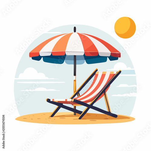 Beach Chair and Umbrella Under Sunny Sky